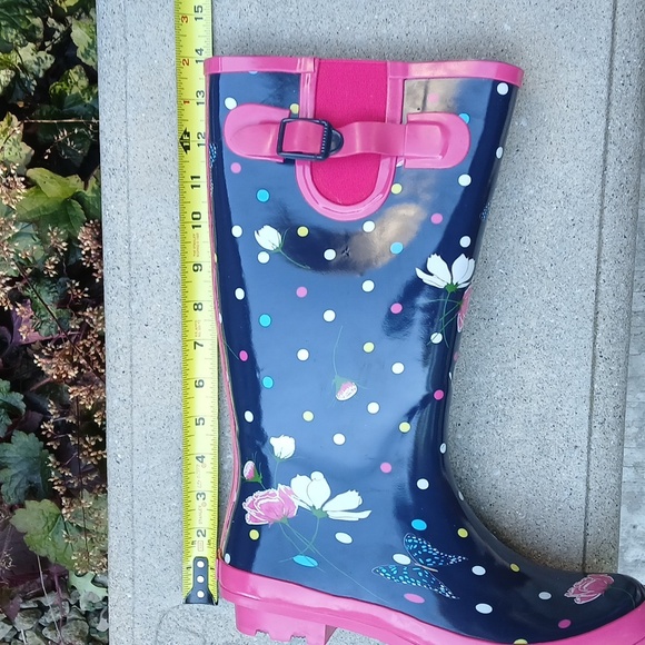 Serra Rain Boots Women’s  Tall Navy & Pink Floral Butterflies Polka Dots Sz 9 - Picture 11 of 12